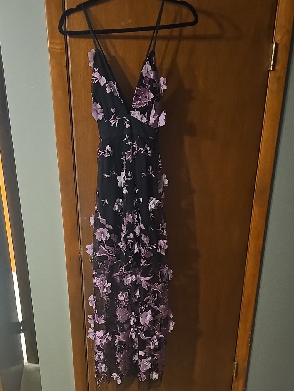 Black Floral Lace Maxi Dress with Purple Appliqué